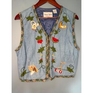 Vintage Embroidered Linen Vest Garden Fruit Plaid Trim Cottagecore Large